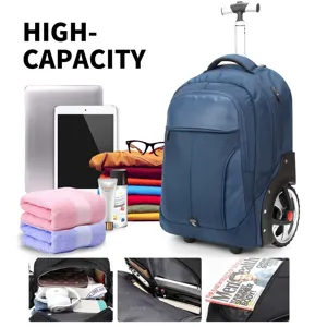 Zaino trolley blu di grande capacità con scomparto per laptop da 20 pollici e ruote resistenti
