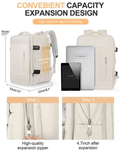 Detalle de mochila de viaje blanca con capacidad expandible y compartimento para laptop de 17 pulgadas