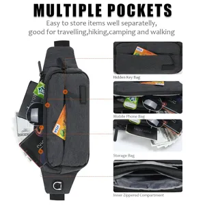 Close-up of a multi-pocket grey waist bag showing organized storage for phone and cards