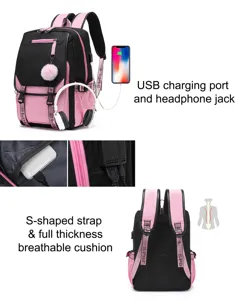 Detailansicht des pink-schwarzen Schulrucksacks mit USB-Anschluss und atmungsaktivem Polster.