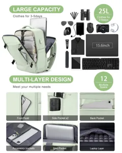 Vista detallada de la mochila de viaje verde 25L con múltiples compartimentos