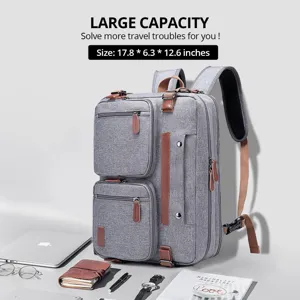 Vista detallada de mochila de negocios gris multifunción con información de tamaño
