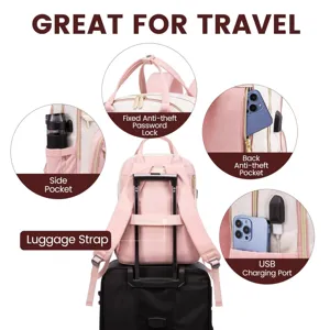 Dettagli funzionali dello zaino da viaggio rosa con porta USB e blocco di sicurezza antifurto