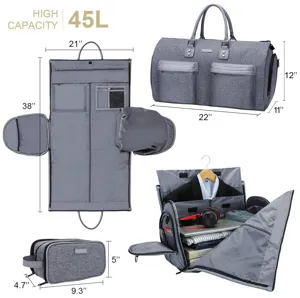 Detailed size specifications and interior capacity view of the 45L foldable garment travel bag.