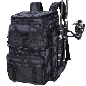 Close-up of a camouflage lure fishing backpack with rods and reel attached