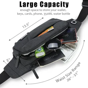 Detailed view of large capacity sports waist bag showing phone, sunglasses, and wallet.