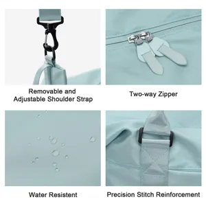 Detailed views of water-resistant gym bag with adjustable strap and dual zippers