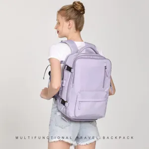 Large lavender multifunctional travel backpack with multiple compartments on model back