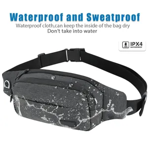 Macro detail view of gray waterproof sports waist bag with IPX4 rating and adjustable strap