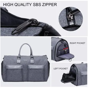 Detail views of foldable travel bag with SBS zipper, organizer pocket and shoe compartment