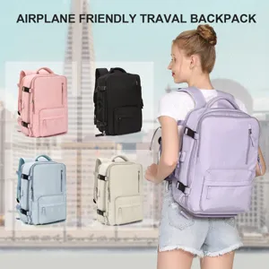 Detailed view of airplane friendly travel backpack in multiple colors
