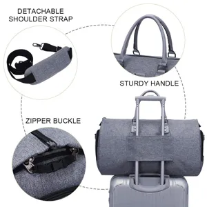 Detailed view of grey men's travel garment bag with detachable strap and luggage sleeve.