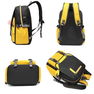 Mehrfachansicht eines stilvollen schwarz-gelben Freizeitrucksacks mit USB-Ladeanschluss