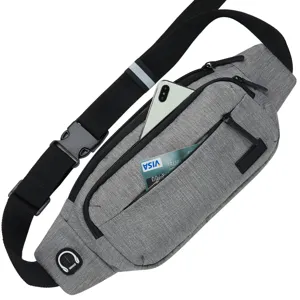 Versatile gray sports waist bag with large capacity, multiple zippers, and headphone port.