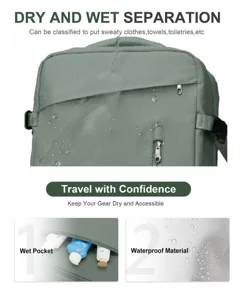 Primer plano del material impermeable y el bolsillo húmedo de esta mochila de viaje verde.