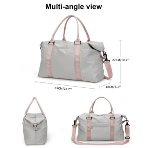 Grey and pink travel duffel bag with multi-angle views and 55cm dimension details