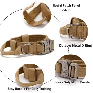 Collar táctico de nailon para perro con hebilla metálica resistente, anillo D y asa
