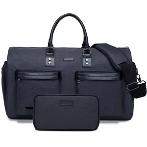 Large capacity charcoal travel duffel bag and matching toiletry pouch set with strap