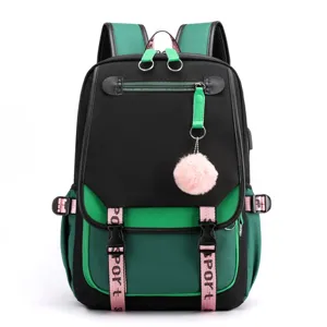 Korean Style Student School Backpack Large Capacity Oxford Cloth USB Charging Port Casual Sport Daypack With Pom-pom