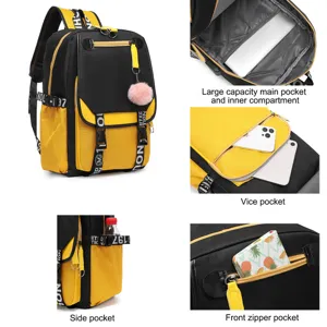 Multiview-Detail eines gelb-schwarzen Rucksacks mit hoher Kapazität und Taschen