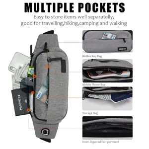 Gray sports waist bag with multiple functional zippered pockets for travel and hiking