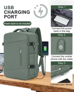 Vista detallada completa de mochila de viaje verde con puerto de carga USB integrado hoy