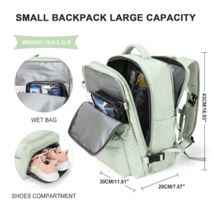 Detail view showing large travel backpack with shoe compartment, wet bag, and dimensions.