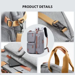 Primeros planos detallados de las características de la mochila gris para portátil.