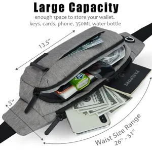 Large capacity gray sports waist bag showing dimensions and ample storage space for travel