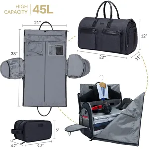 Large capacity 45L garment travel bag with multiple compartments and dimensions shown.