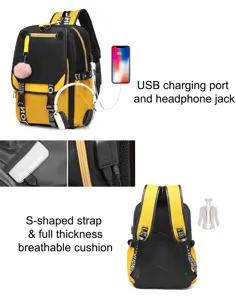 Detailansicht eines gelben Studentenrucksacks mit USB-Ladeanschluss und atmungsaktiven S-Gurten