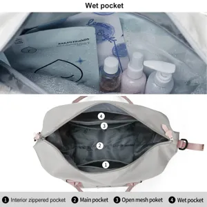 Detail view of travel bag interior with zippered pockets and waterproof wet compartment.