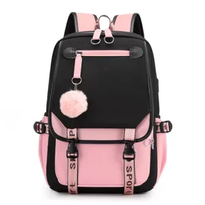 Large capacity pink and black school backpack with built-in USB charging port and charm
