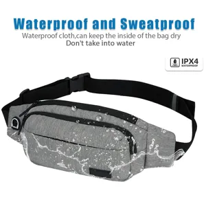Detailed view of waterproof grey sports waist bag with IPX4 splash resistance design