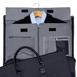Detail view showing internal pockets and suit storage of the folding garment bag