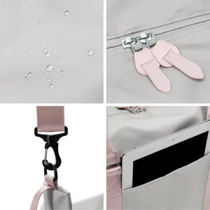 Detail shots of waterproof travel duffel bag showing zippers and tablet pocket