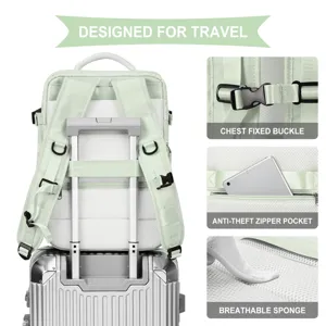 Details of travel backpack showing trolley sleeve, chest buckle, and anti-theft pocket