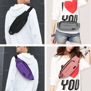 Collage showing multi-color sports waist bags in various styles and wearing positions.
