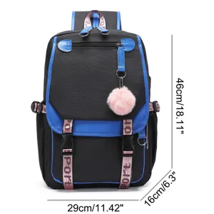 Detailansicht des großen schwarz-blauen Schulrucksacks mit präzisen Größenangaben