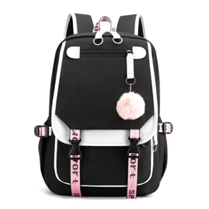 Front view of black and white student backpack with pink sport straps and fluffy keychain