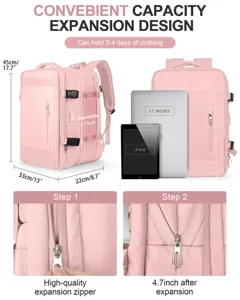 Detalles de expansión de mochila rosa con comparación de tamaño para laptop de 17".