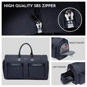 Detail view of men's travel bag showing SBS zipper and side pocket compartments.