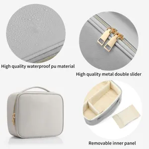 Detalles que muestran el material de PU Saffiano impermeable y las cremalleras doradas