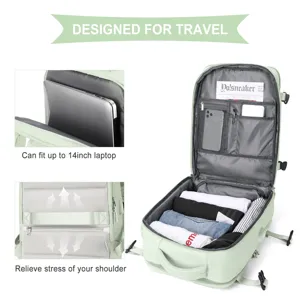 Detail view of green travel backpack showing 14-inch laptop sleeve and interior storage space