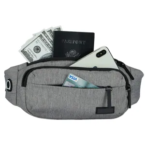Multi-functional large capacity gray sports waist bag showing storage for phone and passport
