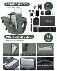 Detalle de mochila de viaje verde de 25L con almacenamiento multicapa para laptop de 15,6