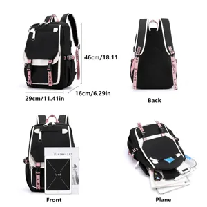 Detailed multi-view dimensions of black high-capacity student backpack with USB charging port