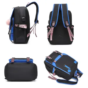 Detaillierte Vier-Wege-Ansicht des schwarz-blauen Laptop-Rucksacks mit rosa Sportgurten