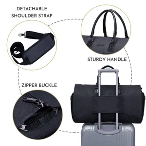 Close-up details of large travel duffel bag featuring sturdy handle and detachable strap