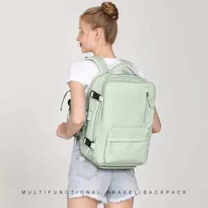 Model wearing mint green multifunctional travel backpack with large capacity
